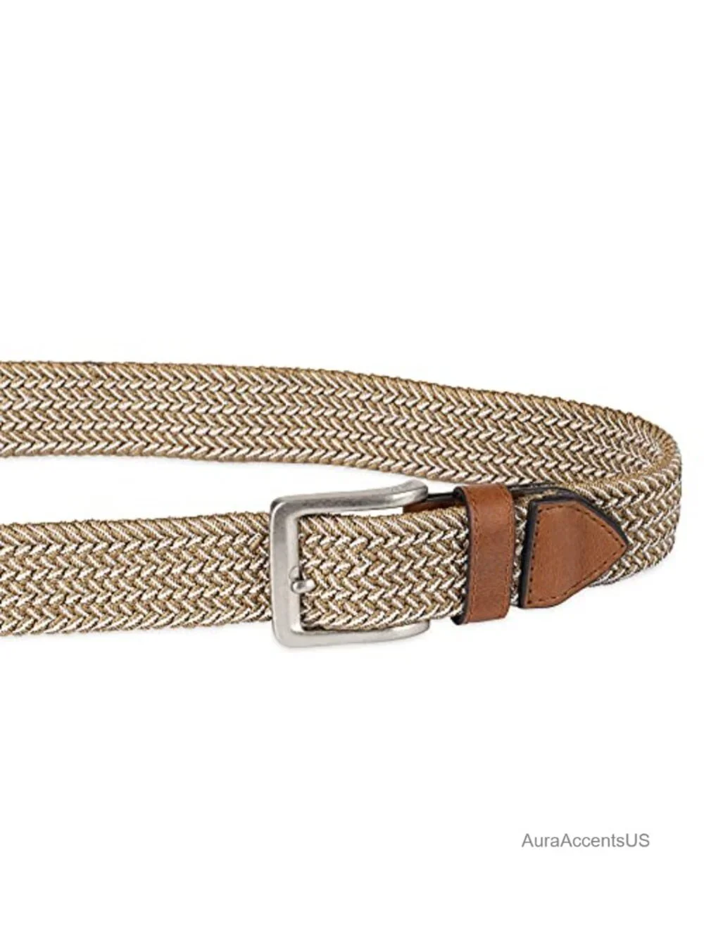Men's Two Tone Stretch Web Belt with Genuine Leather Buckle